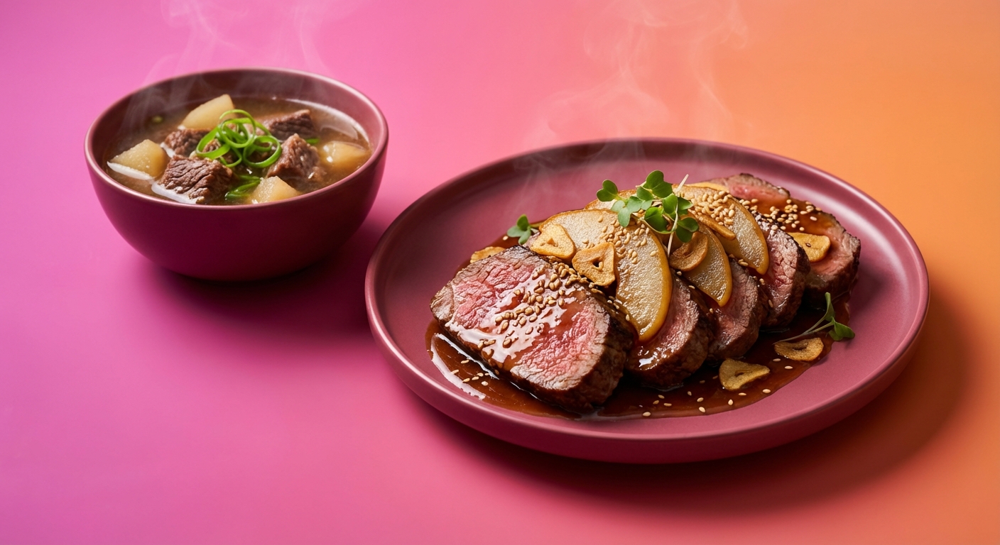 Pan-Seared Beef with Pear-Garlic Glaze & Quick Beef-Pear Soup