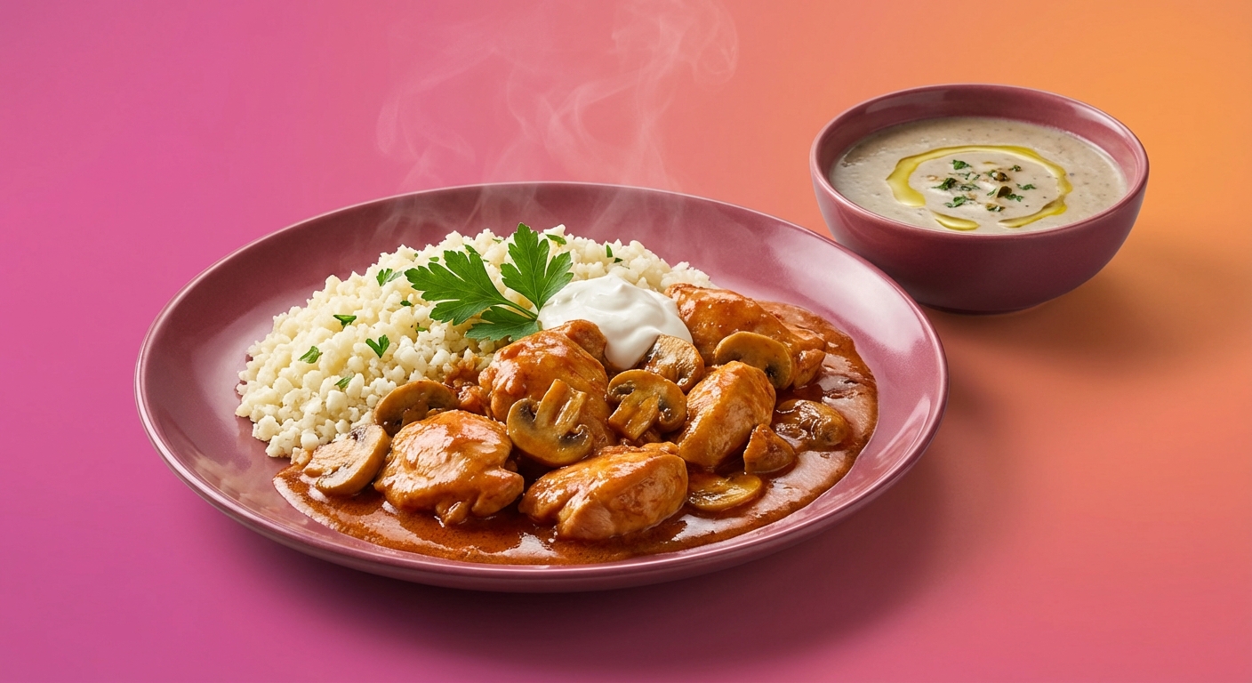 Paleo Csirkepaprikás Karfiolrizzsel és Gyors Gombakrémlevessel